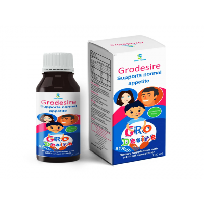 GRODESIRE DIETARY SUPPLEMENT SUPPORTS NORMAL APPETITE ( ANISE FRUIT EXTRACT + PEPPERMINT LEAF EXTRACT + FENNEL FRUIT EXTRACT + VITAMIN B1 + VITAMIN B2 + VITAMIN B3 + VITAMIN B6​ ) STRAWBERRY FLAVOR SYRUP 120 ML
