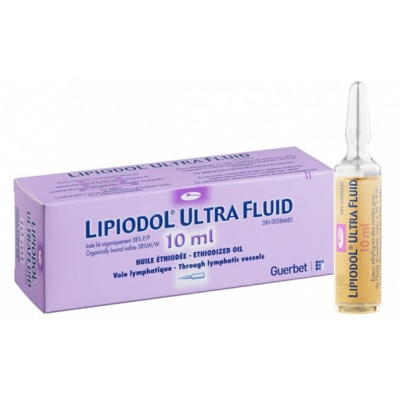 Lipiodol Ultra-Fluide Injection ( 480 mg / mL Iodine organically + ethyl esters of fatty acids of poppy seed oil ) 10 mL ampoule