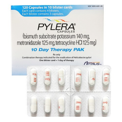 Pylera Capsules ( Bismuth Subcitrate 140 mg + Metronidazole 125 mg + Tetracycline HCL 125 mg ) 120 capsules