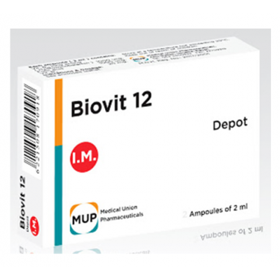 Biovit 12 Depot Intramascular Injection ( Vitamin B 12 Hydroxocobalamin 1000 µg + Folic acid 1000 µg + Vitamin B 6 20 mg ) 2 ampoules