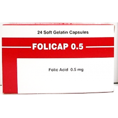 FOLICAP 0.5 mg ( Folic Acid = Vitamin B 9 ) 24 capsules
