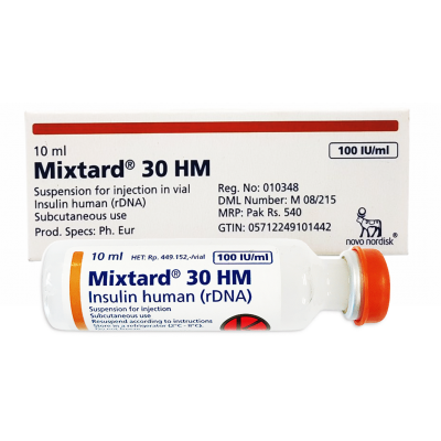 Mixtard 30 HM 100 IU / ml ( Insulin neutral human + Insulin isophane Protamine human ) 10 ml vial